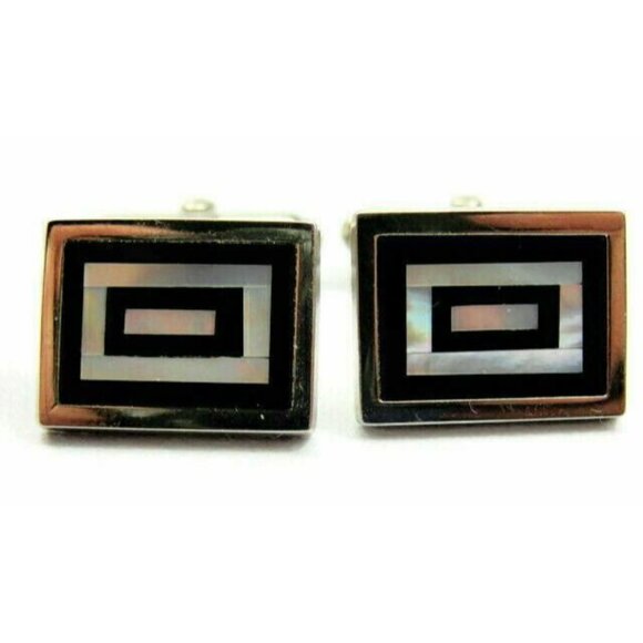 Cufflinks Black Onyx Pearl Double Rectangle Sterling Silver 925 Patina Vtg - Picture 3 of 12